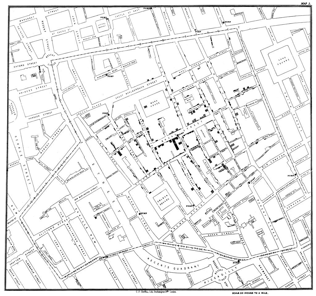 John Snow's 1854 cholera map with annotations