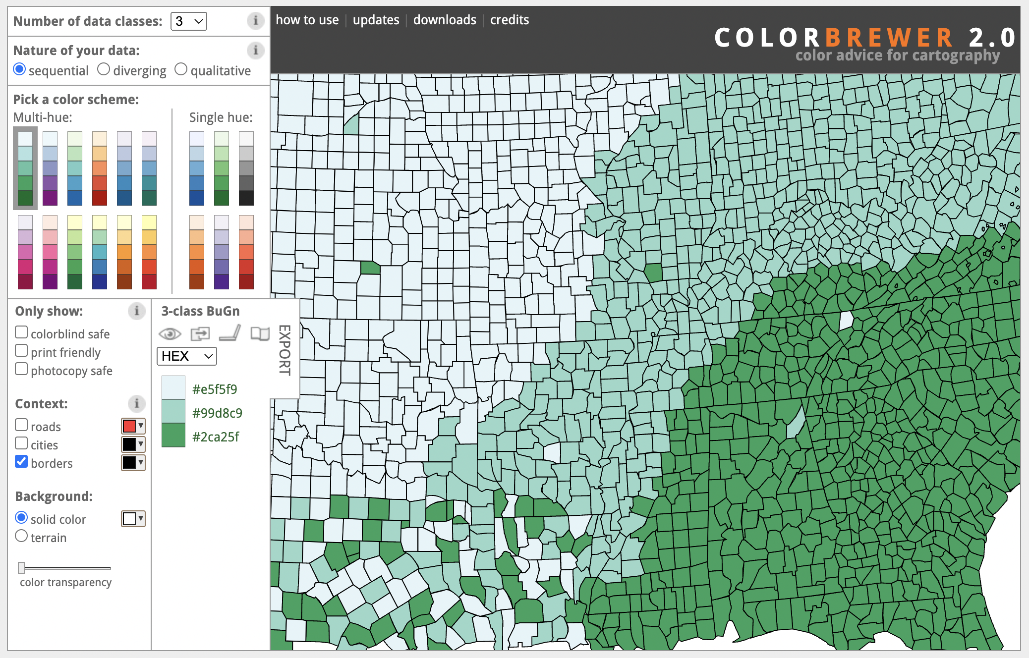 A screenshot the ColorBrewer website showing a choropleth map and possible color scales