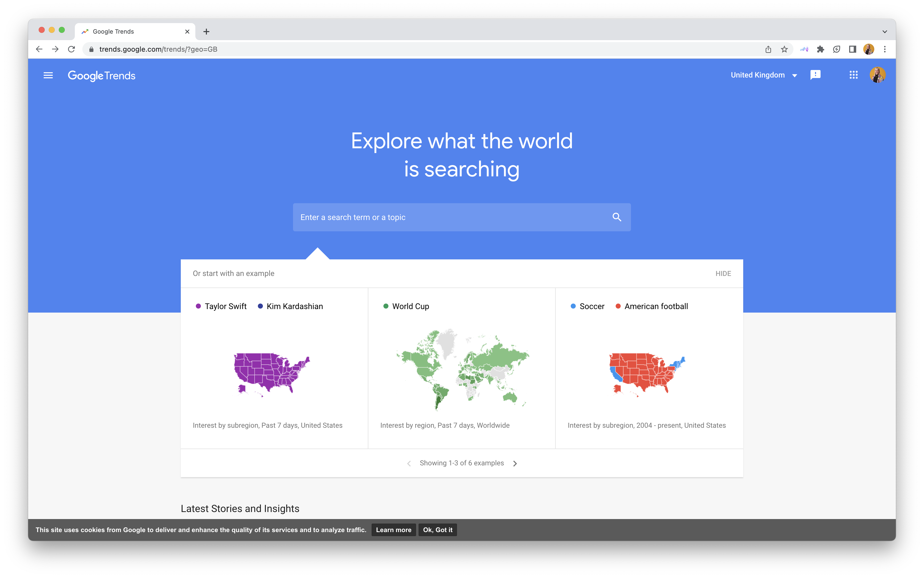 Start by typing your search term or topic into Google Trends