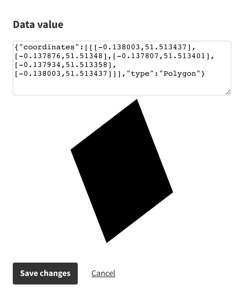 A custom polygon, showing format the JavaScript object follows when uploading custom GeoJSON files into Flourish.