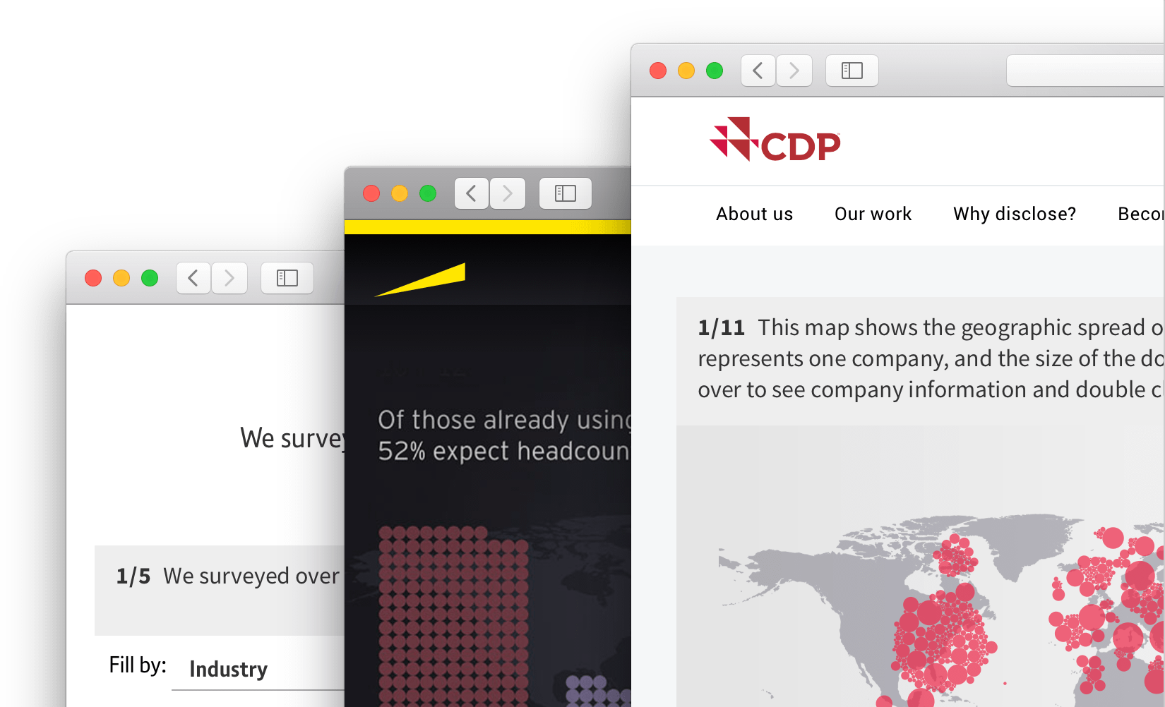 Three browser tabs showing Flourish graphics in different branding styles