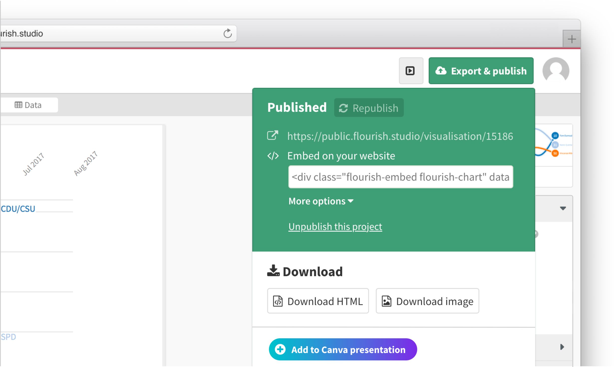 Flourish editor with the publish and export panel opened